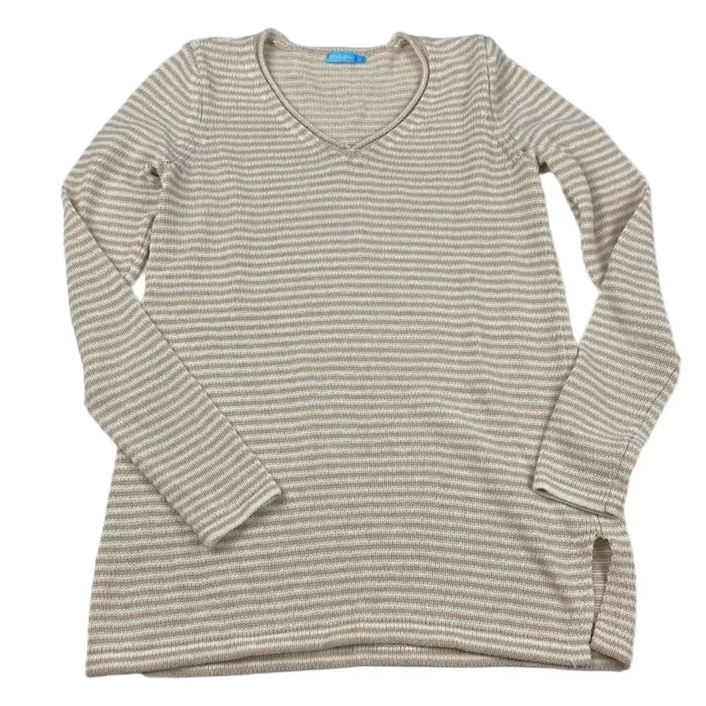 J.McLAUGHLIN Callum Striped Knit V Neck Sweater Sand White XS